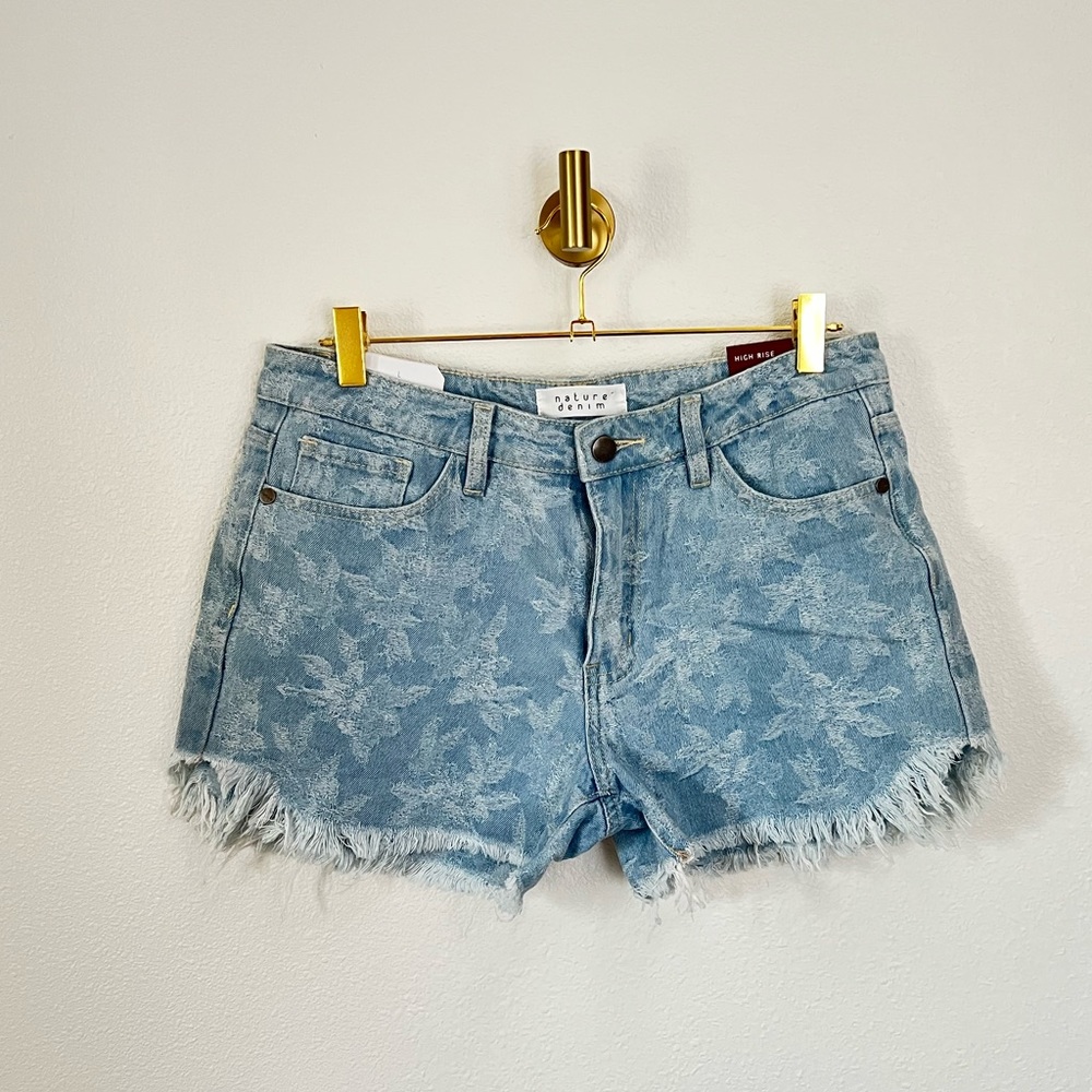 Nature Denim High-Rise Floral Print Frayed Hem Shorts - Light Blue